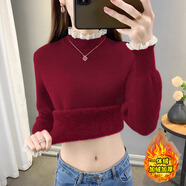 KJ秋冬新款加絨加厚一體絨針織毛衣女蕾絲半高領(lǐng)精致百搭保暖上衣 酒紅 M 建議90-100斤