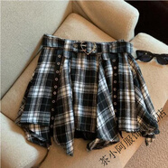 茶小阿復古格子不規則半身裙打底裙秋冬新款時(shí)尚百搭修身顯瘦短裙 黑色 M 95--109