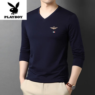 花花公子棉T恤男士休春季雞心領(lǐng)長(cháng)袖閑打底衫中年外穿V領(lǐng)秋衣潮 飛機-藏青【V.領(lǐng)長(cháng).袖】 2XL 建議135-155斤