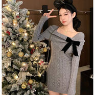 依樂(lè )琦韓國圣誕節紅色方領(lǐng)露肩蝴蝶結短裙秋冬小個(gè)子打底裙 灰色【版】 S