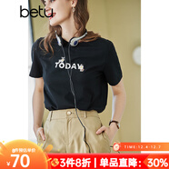 betu百圖女裝春裝新款寬松韓版卡通印花短袖T恤ins潮JD2102T08 黑色 S