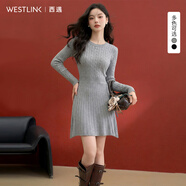西遇（Westlink）西遇長(cháng)袖針織連衣裙女秋季新款復古圓領(lǐng)麻花收腰顯瘦長(cháng)裙 深灰色 M