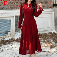 皮爾卡丹（pierre cardin）新中式改良旗袍裙蕾絲連衣裙女秋冬大碼氣質(zhì)復古加厚內搭打底長(cháng)裙 紅色 M 【85-105斤】