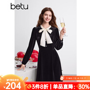 百圖betu冬季新款裙子絲絨蝴蝶結領(lǐng)連衣裙女2412T26 黑色 XS