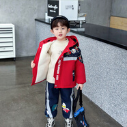 幽幽小熊奧特曼衣服男童加絨套裝2025新款寶寶加厚亮燈兒童秋冬款潮 反光條眼鏡奧特曼派克服套裝-紅色 120