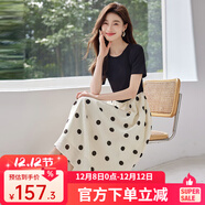 熙世界（sllsky）假兩件波點(diǎn)連衣裙2025秋季新款流行氣質(zhì)短袖圓領(lǐng)拼接裙子女裝 杏底黑色波點(diǎn) S