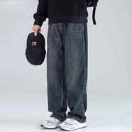沐秋美式潮牌大碼腰牛仔褲男寬松復古水洗磨邊闊腿休閑懷舊直筒長(cháng)褲子 復古藍 36