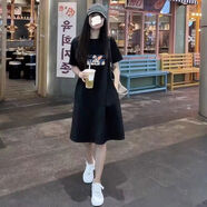 休閑大碼中長(cháng)款過(guò)膝連衣裙2025夏季圓領(lǐng)短袖t恤裙韓版寬松長(cháng)裙女 黑色 M M80斤-115斤