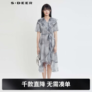 S.DEER圣迪奧女裝V領(lǐng)荷葉邊暈染網(wǎng)紗連衣裙S24281234 淺灰/57 XL 175