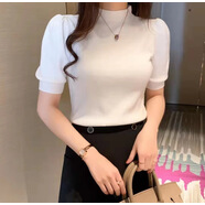 泡泡袖半高領(lǐng)打底衫女秋冬內搭針織衫短袖毛衣純色通勤上衣修身 白色 均碼