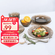 多萊斯法國多萊斯餐具碗碟套裝家用4人輕奢餐具高檔玻璃餐具碗盤(pán)子套裝 歐式螺紋咖啡色8件 8頭