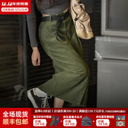 馬登女裝 燈芯絨復古半身裙秋季新款純棉洗水鉛筆裙高腰直筒裙子 松林綠 附贈腰帶馬登工裝 L