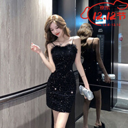 貓容風(fēng)韓版緊身性感欲亮片包臀裙秋季純拼接吊帶連衣裙女黑色小禮服 黑色 M