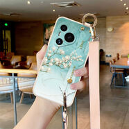 MEKS適用華為Pura70手機殼女款Pura70pro小清新Pura70pro保護套P70Ultra防摔腕帶支架P70手機殼全包水 液態(tài)殼-古董白-水墨青玉蘭浮雕腕帶-杏色斜跨 華為P30