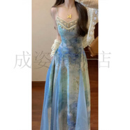 成姿五一出游穿搭套裝女春夏季名族度假風(fēng)暈染印花吊帶連衣裙防曬開(kāi)衫 杏色開(kāi)衫+吊帶裙 【兩件套】 M 【建議80-100斤】