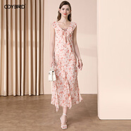 歐迪鳥(niǎo)荷葉邊V領(lǐng)印花連衣裙女2025夏季新款收腰顯瘦無(wú)袖度假風(fēng)裙子 花色 S