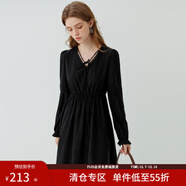 范思藍恩23FS13207法式復古燈籠袖綁帶收腰連衣裙春秋新款氣質(zhì)女裙 黑色 XS