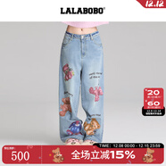 LALABOBO袁一琦同款純棉牛仔褲女高腰顯瘦小熊印花寬松闊腿褲RBED-WXZC19 中藍白 常規 25 建議105-120斤