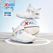 特步（XTEP）童鞋秋冬新款女童籃球鞋小童運動(dòng)鞋兒童革面魔術(shù)貼高幫防滑鞋 帆白/雪青紫 27
