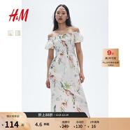 H&M女裝花卉連衣裙秋季花朵泡泡一字肩短袖植物印花長(cháng)裙1230970 白色/花卉 XS 155/80