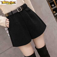 初徑毛呢短褲女秋冬外穿高腰新款韓版顯瘦a字打底闊腿短褲配靴子 黑色 收藏店鋪下單+腰帶 M