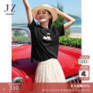 玖姿·安娜蔻【蜜意生活】活力減齡櫻桃釘珠短袖T恤女2025夏季新款 素黑 XL