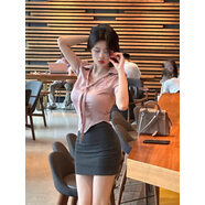 夜店套裝女韓國chic純欲風(fēng)性感不規則修身領(lǐng)帶短袖襯衣包臀半身裙 粉色襯衣 S