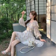 夏季新款燈籠袖網(wǎng)紗V領(lǐng)碎花雪紡連衣裙收腰荷葉邊短款裙子 紫粉碎花長(cháng)袖版 XS XS