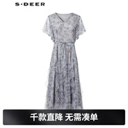 S.DEER圣迪奧夏季潮流女裝V領(lǐng)碎花網(wǎng)紗收腰荷葉邊連衣裙S242Z1290 灰/67 L 170
