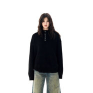 AFOEOT美式復古設計感亨利領(lǐng)毛衣男女cleanfit寬松休閑針織衫上衣 MY449黑色(高質(zhì)量版收藏先發(fā)貨) S