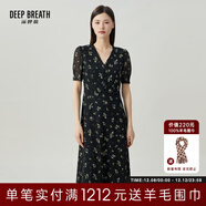 深呼吸DEEP BREATH女裝V領(lǐng)中長(cháng)高腰泡泡袖收腰碎花連衣裙A500197 黑-碎花 M (3碼)