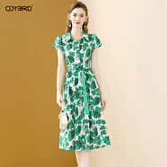 歐迪鳥(niǎo)氣質(zhì)純棉襯衫領(lǐng)連衣裙女夏季2025新款法式系帶收腰顯瘦印花裙 綠色 L