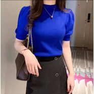 泡泡袖半高領(lǐng)打底衫女秋冬內搭針織衫短袖毛衣純色通勤上衣修身 彩藍色 均碼