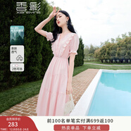 香影氣質(zhì)絕美連衣裙女2025夏季新款蕾絲花邊v領(lǐng)荷葉邊收腰仙女裙 粉紅 L