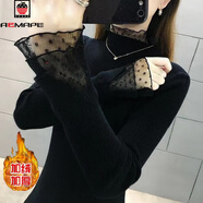 AEMAPE加絨厚加厚毛衣女外穿秋冬新款修身針織洋氣內搭上衣蕾絲打底衫 波點(diǎn)花邊黑色 加絨 2XL 125-135斤