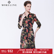沐蘭MORELINE修身印花連衣裙長(cháng)袖中長(cháng)款熟女及膝名媛熟女連衣裙5621103 圖片色 M 38