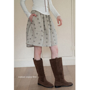 EGGKA復古松緊腰花朵印花呢料蓬蓬半身裙韓系a字短裙 E25B30861AF 杏色 均碼