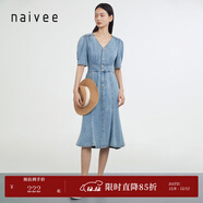 納薇（naivee）商場(chǎng)同款夏新款設計感復古港風(fēng)高腰泡泡袖魚(yú)尾連衣裙女 藍色 M
