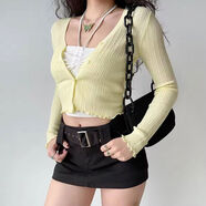 歐美風(fēng)多色薄款長(cháng)袖針織開(kāi)衫上衣女修身短款v領(lǐng)小外套 奶黃色 S S