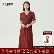 深呼吸DEEP BREATH女裝法式V領(lǐng)網(wǎng)紗彈力松緊腰印花連衣裙A500294 紅花 XL (5)