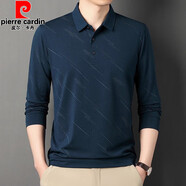 皮爾卡丹（pierre cardin）春裝條紋印花爸爸長(cháng)袖T恤男全棉翻領(lǐng)大碼上衣中年男純棉打底衫 826藏青 M 165/105(100-120斤)