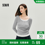 森馬（Semir）長(cháng)袖T恤女秋短款假兩件蕾絲花邊修身2025小性感上衣10A525101004