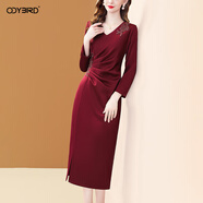 歐迪鳥(niǎo)（ODYBIRD）設計感紅色連衣裙女2025秋季新款氣質(zhì)V領(lǐng)褶皺收腰顯瘦包臀裙 紅色 M