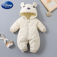 迪士尼（Disney）寶寶新生兒秋冬加厚加絨連體衣韓版羽絨服面料外出棉哈衣保暖衣服 乳白色 小熊棉哈衣 66 建議2-5個(gè)月