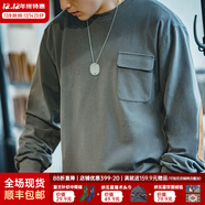 馬登工裝 復古麂皮絨拼接貼布純棉長(cháng)袖T恤寬松落肩圓領(lǐng)衛衣男 煙灰色 S