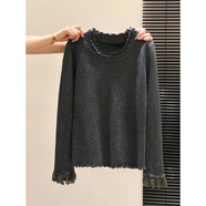 綻晴設計感雙層木耳邊圓領(lǐng)針織衫女冬季新款蕾絲拼接修身內搭打底上衣 灰色 M