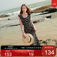 三彩2025夏季新款U領(lǐng)浪漫碎花雪紡裙印花大擺連衣裙長(cháng)裙M