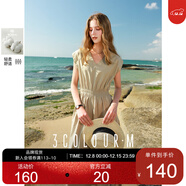 三彩2025春季新款純棉V領(lǐng)短袖高腰連衣裙顯瘦A字大擺長(cháng)裙M