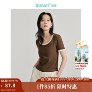 茵曼（INMAN）撞色羅紋棉女裝U領(lǐng)短袖T恤修身氣質(zhì)通勤2025夏季新款短款上衣 深咖啡 L