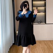 高端精致撞色拼接娃娃領(lǐng)長(cháng)袖連衣裙秋冬氣質(zhì)減齡顯瘦荷葉邊裙百搭 黑色常規 M